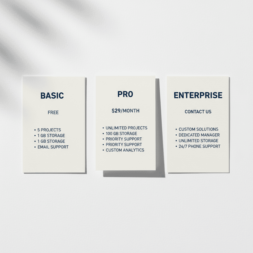 Three tiered pricing plan cards clearly displayed