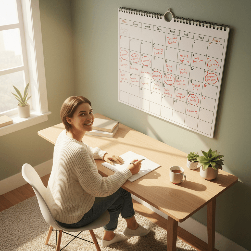 Person marking progress on a wall calendar during their accountability routine