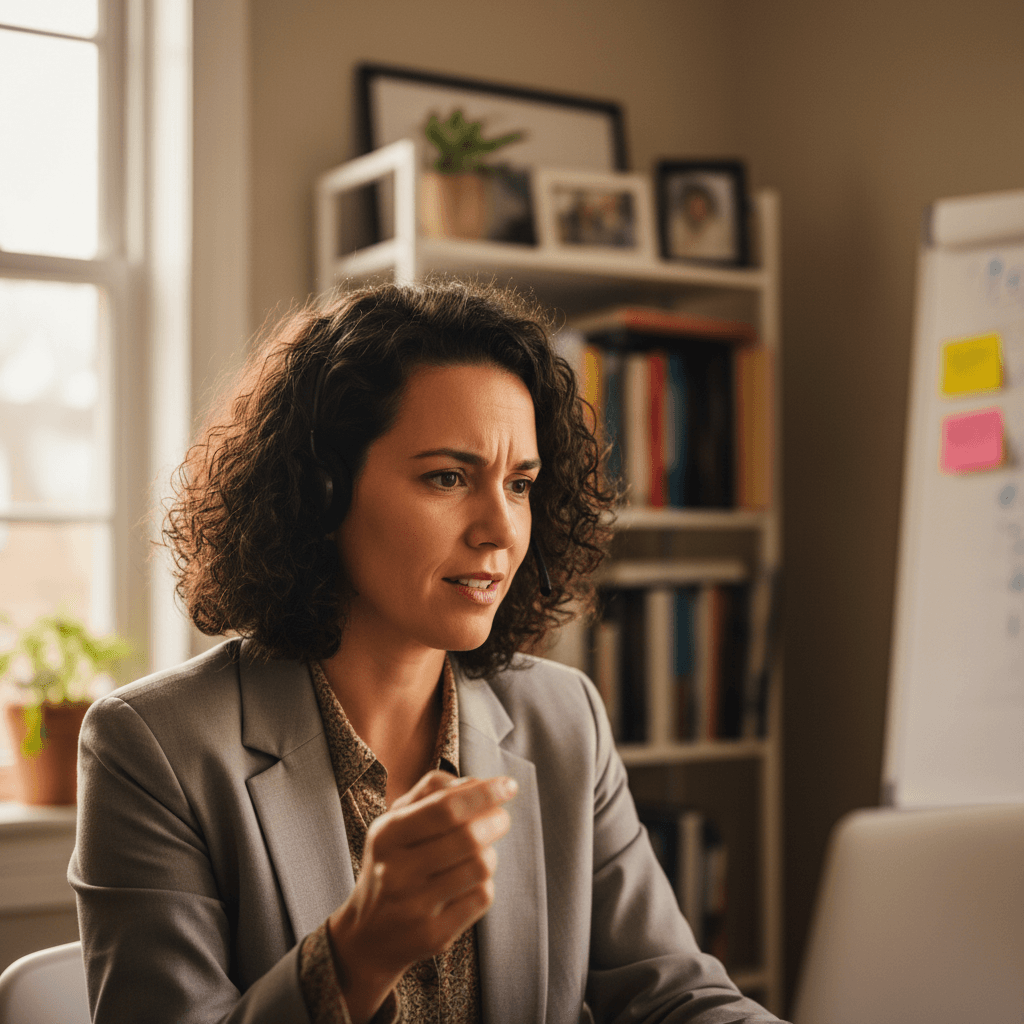 Person focused during an accountability call in a home office