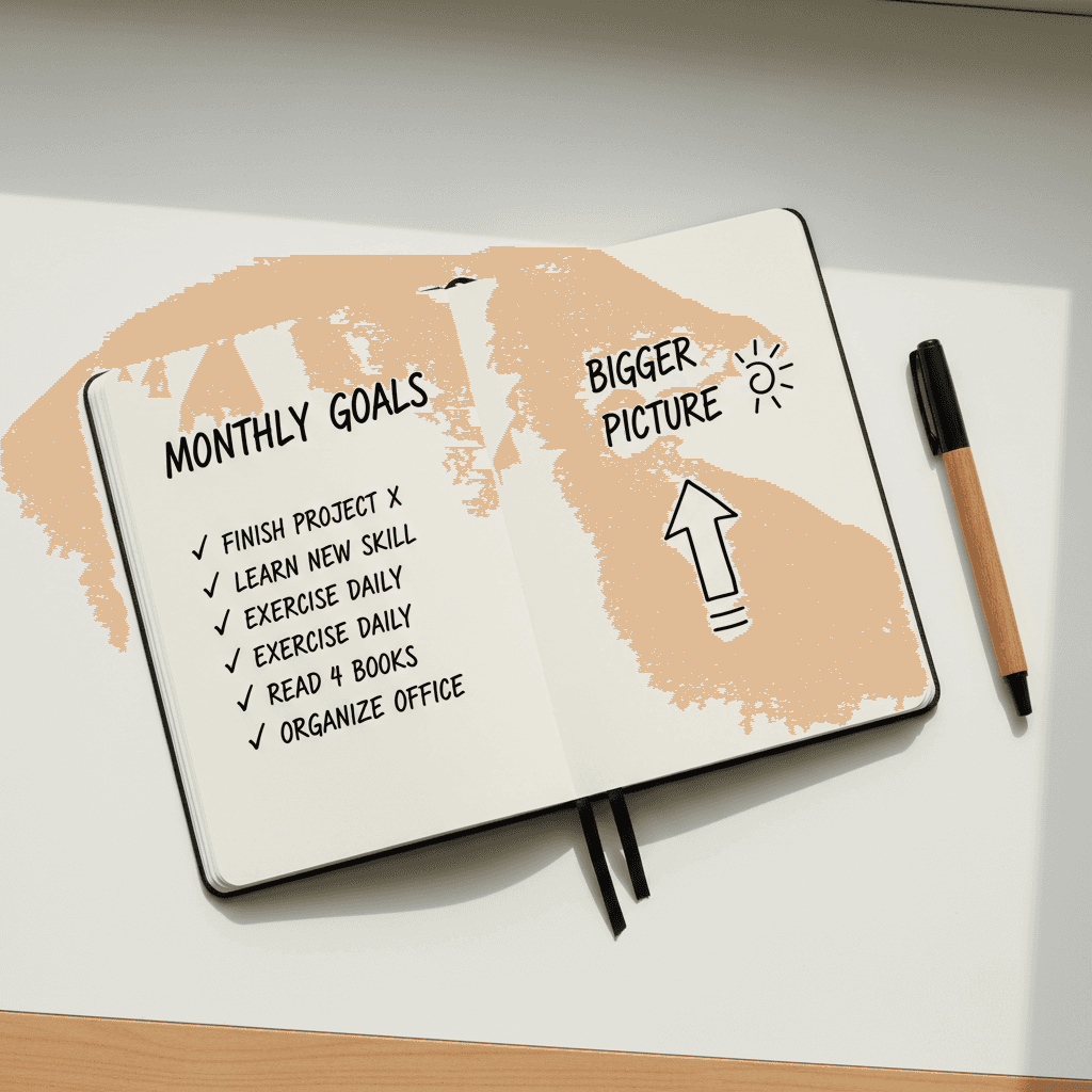 Handwritten goals and progress notes in a notebook