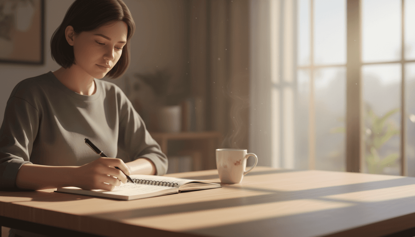 Person at desk with notebook in morning light, reflecting on goals