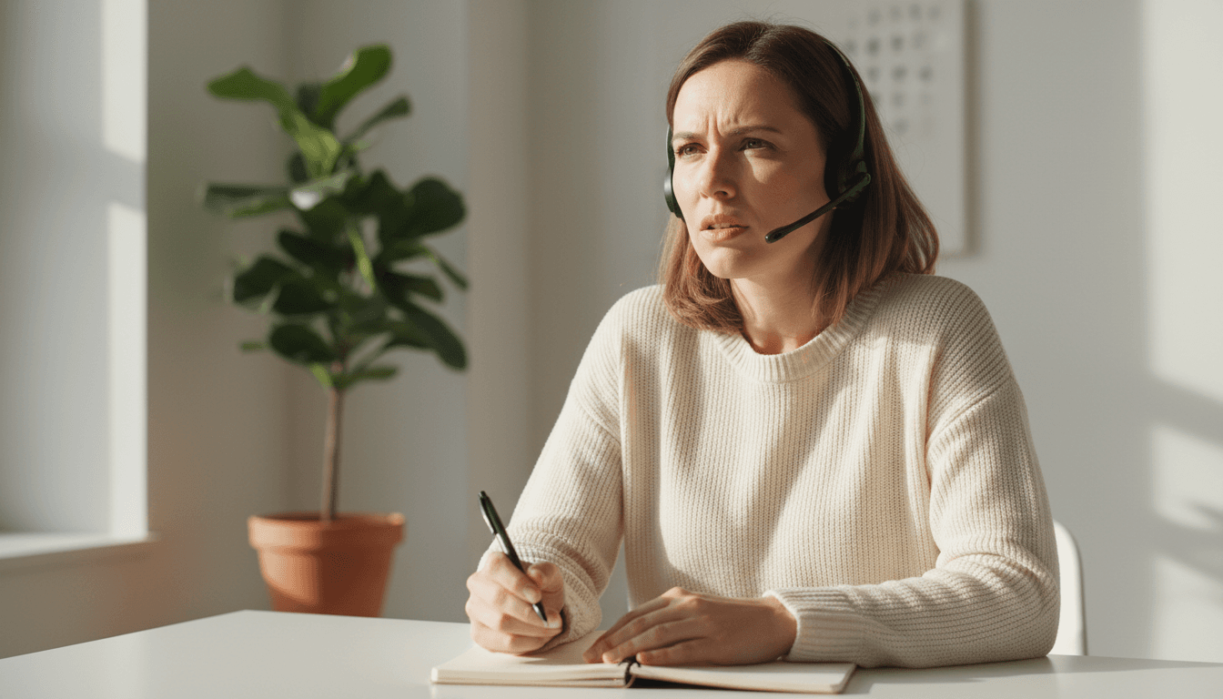 Professional woman on a focused accountability call at her minimalist desk