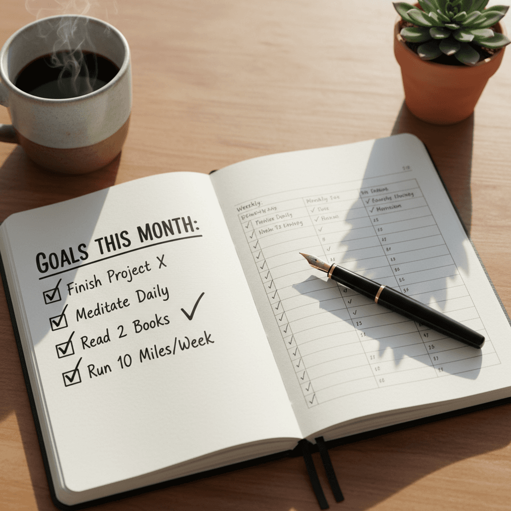 Handwritten progress journal with goal tracking entries