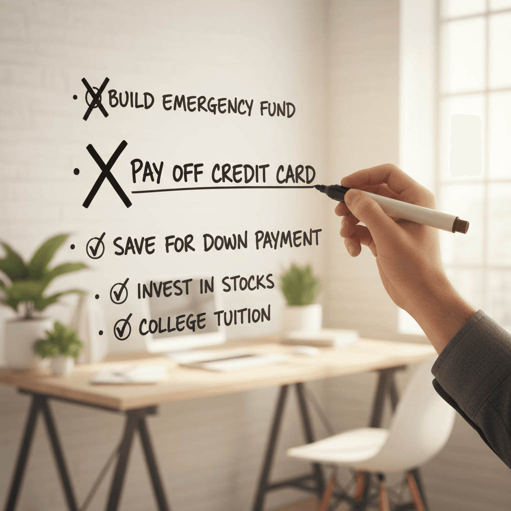 Hand crossing off completed financial goal on whiteboard showing multiple savings milestones and targets