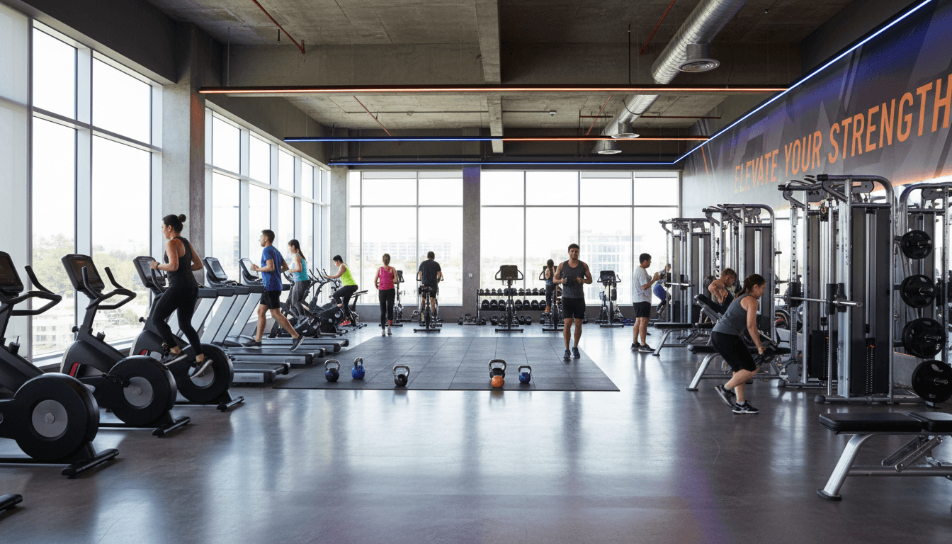Diverse gym members exercising on various equipment in modern, naturally-lit fitness facility with open layout